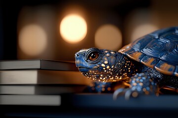 Close-up of spotted turtle with colorful shell resting near stack of books against blurred bokeh background with warm glowing lights.