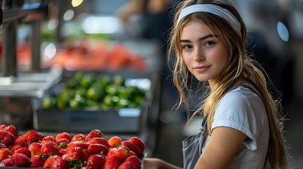 Young Caucasian woman with headband shopping for fresh strawberries at farmers market, surrounded by colorful produce in blurred background.