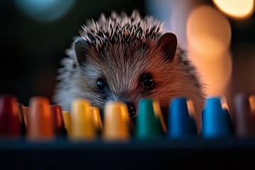 Curious hedgehog peeking over colorful pencils against blurred bokeh background, creating whimsical educational or creative concept.