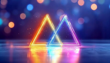 Two glowing neon triangles, one orange and one blue/purple, are positioned in front of a dark background with soft, out-of-focus bokeh lights. The triangles are