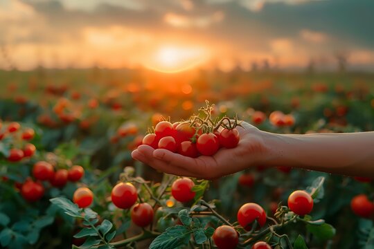 Hand holding fresh cherry tomatoes in a vast tomato field at sunset, showcasing organic farming and harvest season.