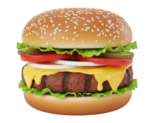 Deliciously assembled cheeseburger featuring grilled patty, melted cheese, and fresh vegetables on a sesame seed bun