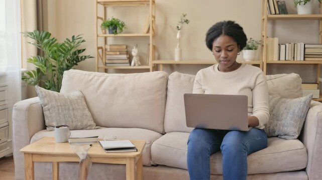 Young african american woman working on laptop computer while sitting on sofa at home, concept of remote work and online education, cozy interior with plants and books