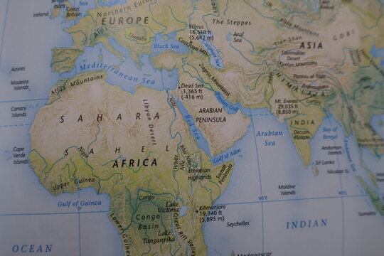 Physical World Map of North Africa and Middle East: Sahara Desert, Mediterranean Sea and Arabian Peninsula Geography. Topographic Atlas Background Showing Mountains and Nile River