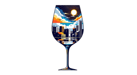 Urban reflections a cityscape captured in the elegance of a wine glass concept
