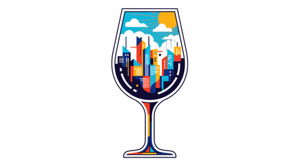 Abstract cityscape artfully displayed within a wine glass on a clean white background