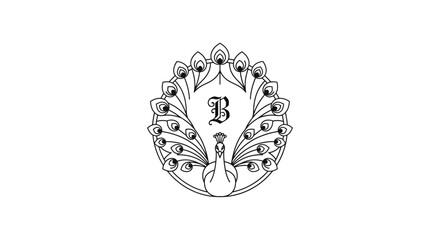 Elegant peacock emblem design with a stylized letter B at center in circular frame