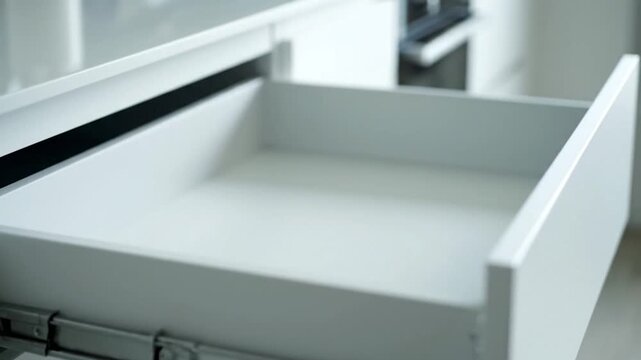 A close-up view of an open, white kitchen drawer in a minimalist style. The interior is empty