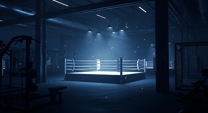 An empty boxing ring illuminated by bright spotlights in a dark, atmospheric gym with a blue hue, ready for a fight.