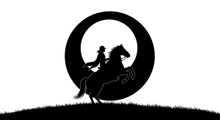 Silhouette of a horse and rider against the moon forming a captivating scene