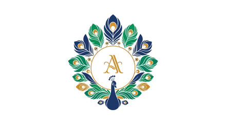 Elegant peacock monogram design adorned with vibrant feathers ideal for branding and identity