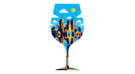 Abstract cityscape artfully displayed within a wine glass on a clean white background