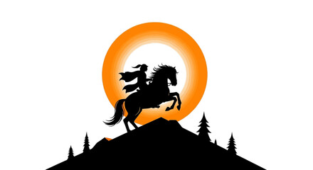 Silhouette of a woman riding a horse against a vibrant yellow sun backdrop