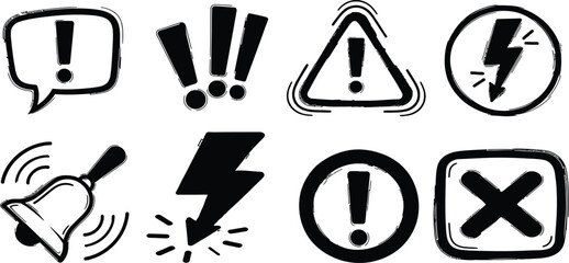 Hand drawn warning icons set featuring exclamation points lightning bolts and other symbols
