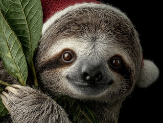 Obraz premium Sloth in a Santa hat holding green leaves celebrates the holiday season