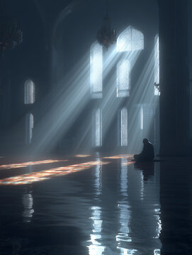 Reflective tranquility of a man in sujood during a serene moment