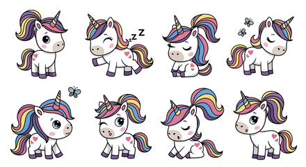 A cute collection of cartoon baby unicorns with rainbow manes. Set of magical pony characters in different poses for kids