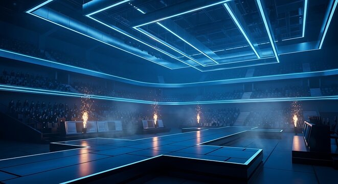 Futuristic esports arena with a glowing blue stage, dramatic lighting, and fire effects, ready for a high-tech event.