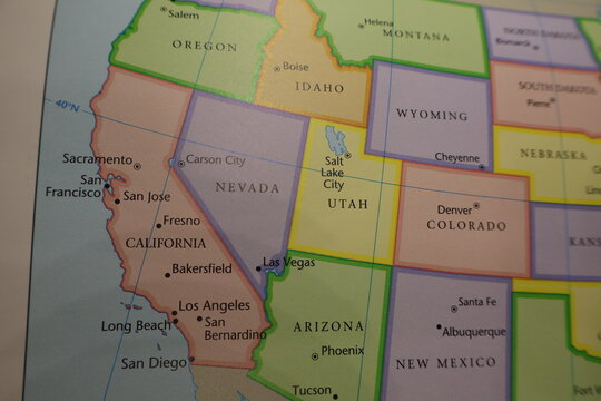 California and Southwest USA Map: Arizona, New Mexico and Nevada Borders. Geography of Pacific Coast and Mexican Border Region on Educational Paper Atlas