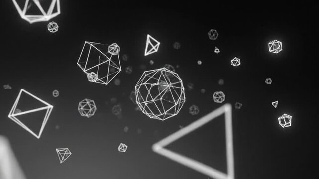 Dynamic graphite polygon motion graphics on black, modern technology background