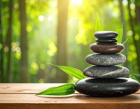 Serene Stacked Stones on Wooden Surface with Lush Green Background - Powered by Adobe