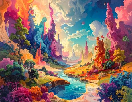 Vibrant fantasy landscape with surreal trees and colorful swirling sky