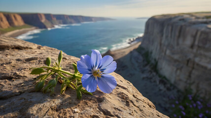 Delicate Blue Flower on Cliff Edge Facing the Endless Horizon.