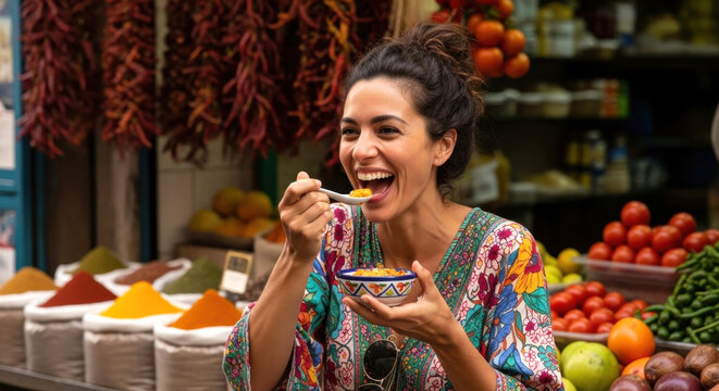 Happy Woman Tasting Street Food at an Exotic Spice Market
