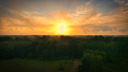 A high-altitude aerial photograph capturing a sunrise above a vast forest with golden morning mist drifting through the treetops