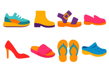 Footwear Icons Collection. Modern Styles flat icon set: sneakers, boots, sandals, loafers, heels, slippers, flip-flops, clogs