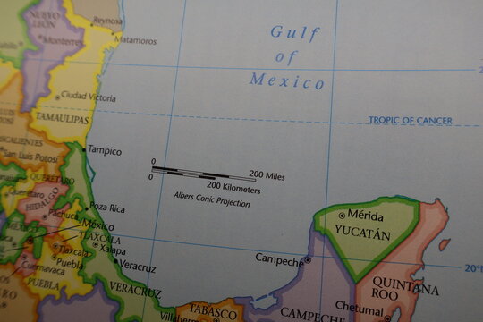 Gulf of Mexico and Yucatan Peninsula Map: Geography of Mexican East Coast, Veracruz and Campeche. Educational Atlas Background Showing Maritime Borders