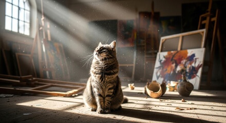 Obraz premium Tabby Cat Sitting in Sunny Artist's Studio with Canvas