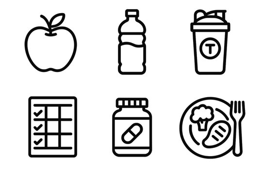 Healthy Living Icons. Nutrition Guidance linear icon set. apple, water bottle, protein shake, meal plan, supplement jar, healthy plate