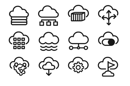 Cloud Deployment Icons. Cloud Deployment Icons linear icon set: cloud stack, scalable nodes, container icon, orchestration arrows, cluster grid, rollout wave, load balancer symbol
