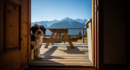 A cute fluffy dog stands in the doorway of a rustic cabin, looking out onto a sunny wooden deck with a spectacular view of snow-capped mountains under a clear blue sky