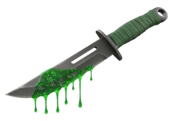 Fixed blade tactical tool features vibrant neon green toxic liquid dripping from the metallic edge