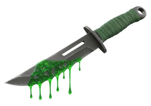 Fixed blade tactical tool features vibrant neon green toxic liquid dripping from the metallic edge