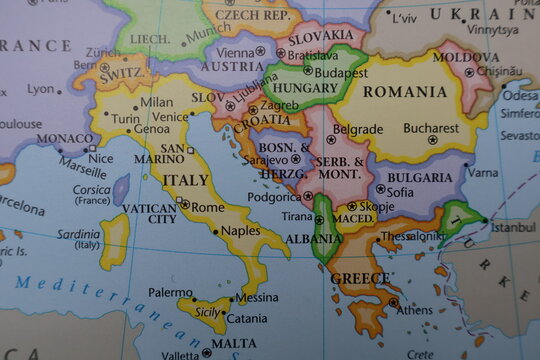 Southern Europe and Balkan Peninsula Political Map: Italy, Greece, Romania and Adriatic Sea Region. Geography Borders of Mediterranean Nations on Educational Atlas