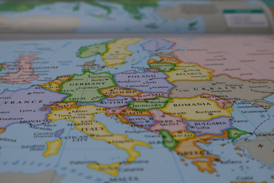 Map of Europe from Germany to Ukraine: Political Borders of Central and Eastern European Nations. Educational Geography Background Showing NATO and EU Territories