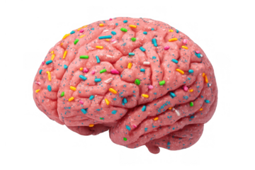Brain as sweet dessert food with colorful sugar sprinkles representing addiction, craving, sweet tooth, and sugary thoughts on transparent background