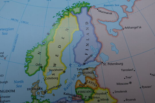 Northern Europe Political Map: Sweden, Norway, Finland and Denmark Geography. Close-up of Scandinavian Peninsula and Baltic Sea Region on Educational Atlas