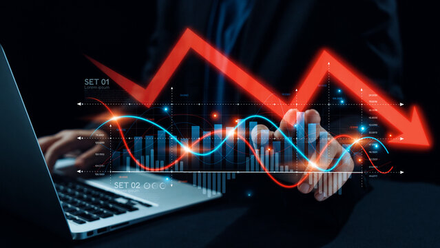 Economic caution visualized with fluctuating market graph, alert symbols, and negative data trends. Represents financial risk, market volatility, and economic uncertainty. Elide - Powered by Adobe