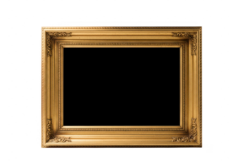 Empty ornate antique gold picture frame on transparent background
