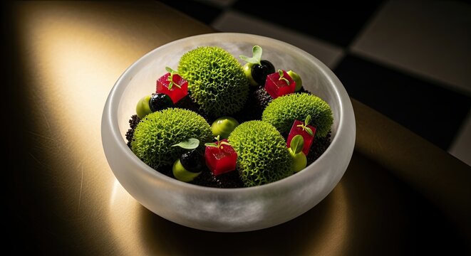 An elegant molecular gastronomy dish with green moss-like spheres, red jelly cubes, and microgreens served in a frosted bowl on a golden table in a luxury restaurant
