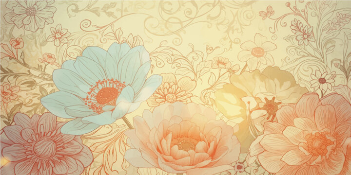 Vintage floral vector pattern with pink roses and leaves in grunge style for a seamless summer wallpaper design