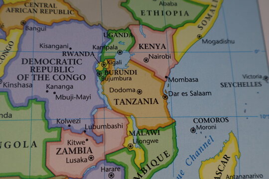 Detailed political map closeup focused on Southern East Africa, highlighting Tanzania, Zambia, Malawi, Mozambique, and the Democratic Republic of the Congo. The image emphasizes the great African rift