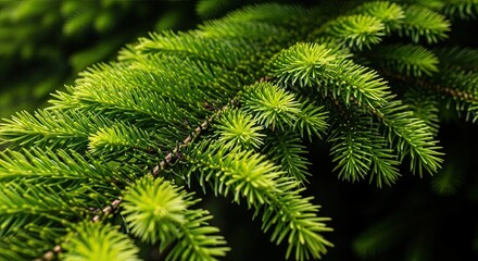 A vibrant close-up of a fresh green spruce tree branch with new spring growth, showcasing the detailed texture of the needles against a soft, dark, blurred natural background