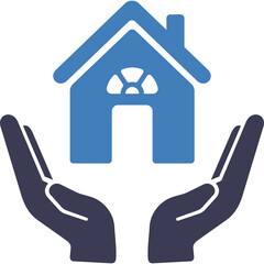 Obraz premium Two dark blue open hands gently holding a blue simple house icon with arch window and chimney against a white background representing home security and protection services