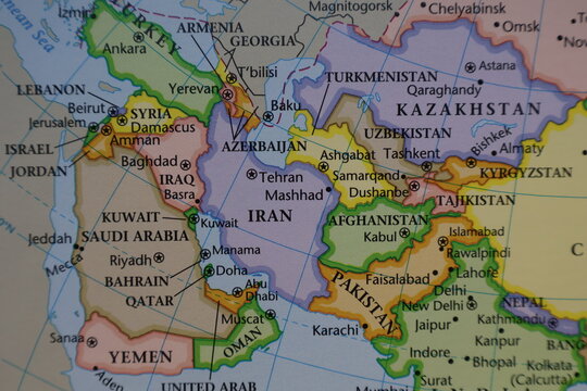 Detailed political map closeup of Southwest Asia and the Middle East, highlighting Iran, Iraq, the Arabian Peninsula, and the Caucasus nations. This area is critical for global energy supply and trade