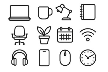 Remote Work Essentials. Remote Work Lifestyle linear icon set. laptop, coffee mug, desk lamp, notebook, chair, plant pot, calendar, Wi-Fi icon, headphones, smartphone, mouse, clock